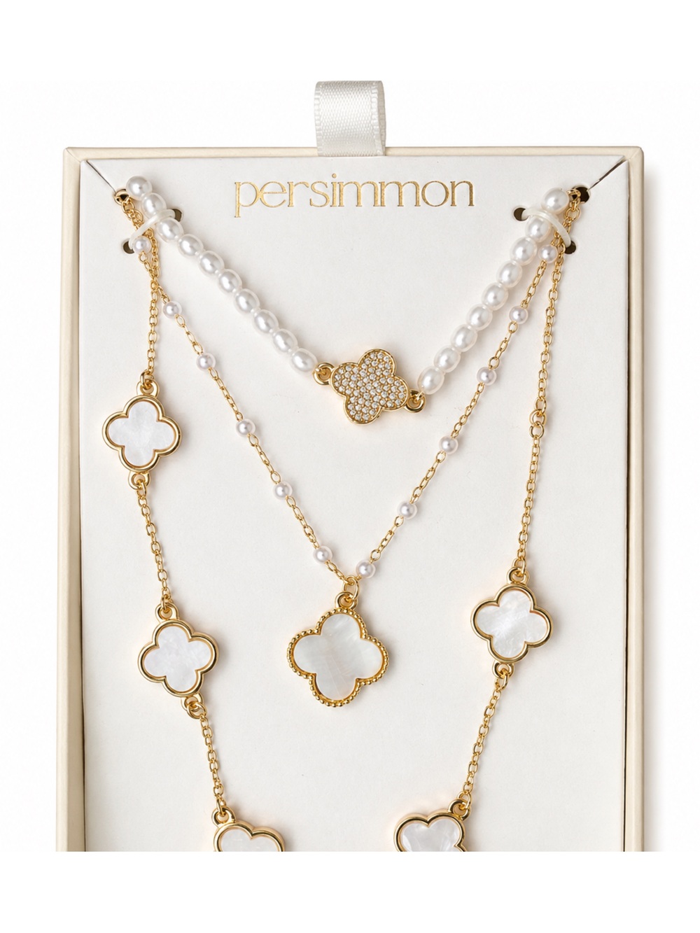 Persimmon Gold Clover 18kt Plated Necklace with White Mother-of-Pearl accents.